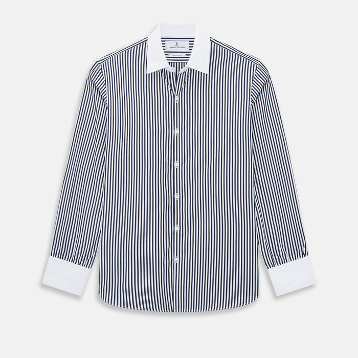 Windsor Double Stripe Navy Open Collar Regular Fit Shirt in Cotton
