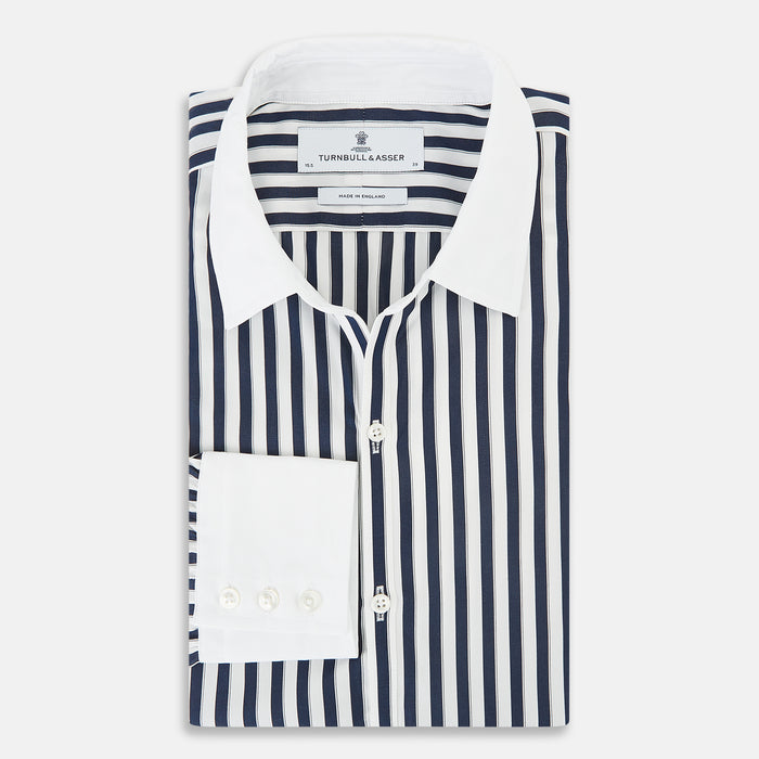 Windsor Regency Stripe Navy Open Collar Regular Fit Shirt in Cotton Image 4