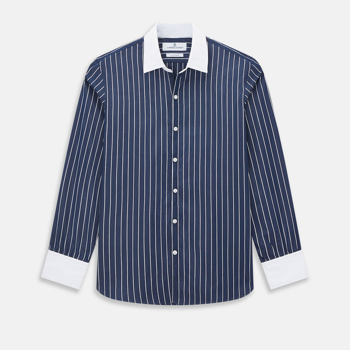 Windsor Bar Stripe Navy Open Collar Regular Fit Shirt in Cotton
