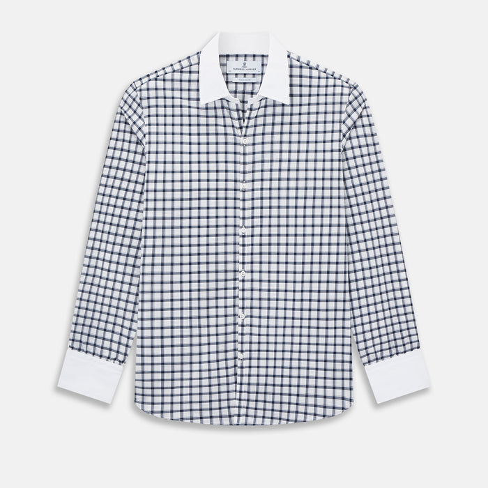 Windsor Tattersall Check Navy Open Collar Regular Fit Shirt in Cotton
