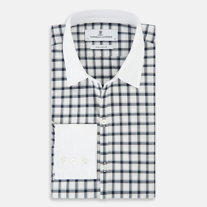 Windsor Tattersall Check Navy Open Collar Regular Fit Shirt in Cotton Image 4