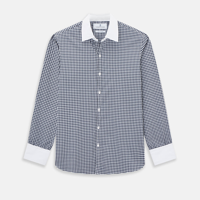 Windsor Gingham Check Navy Open Collar Regular Fit Shirt in Cotton
