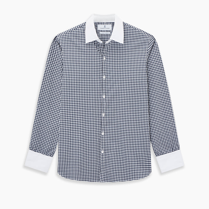 Windsor Gingham Check Navy Open Collar Regular Fit Shirt in Cotton Image 8