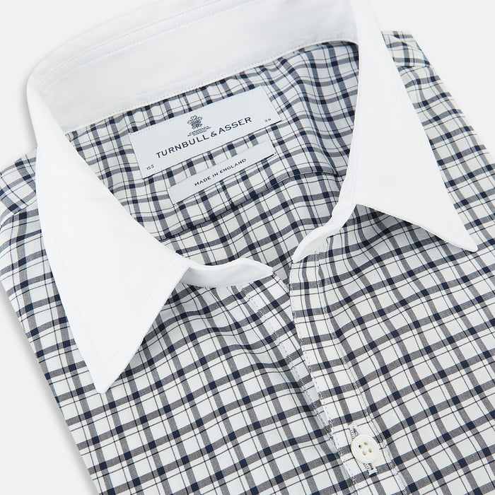 Windsor Double-Track Check Navy Open Collar Regular Fit Shirt in Cotton Image 1