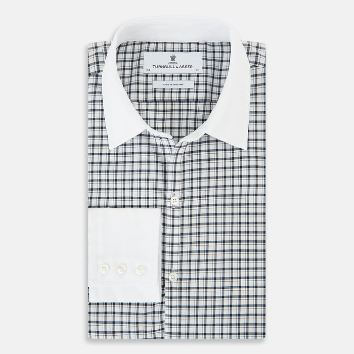 Windsor Double-Track Check Navy Open Collar Regular Fit Shirt in Cotton Image 4