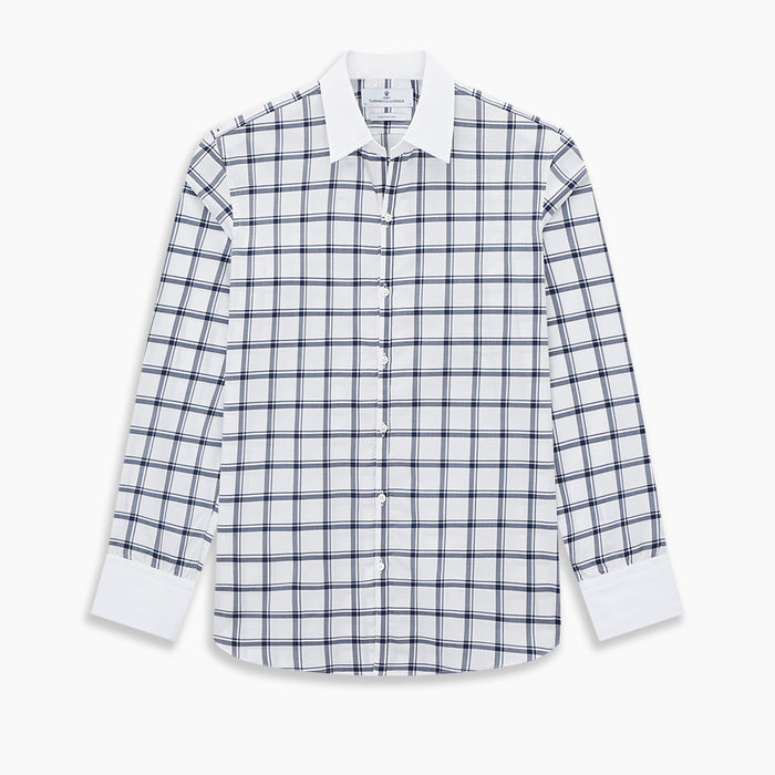 Windsor Windowpane Check Navy Open Collar Regular Fit Shirt in Cotton Image 8