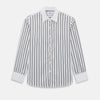 View 1 of product Turnbull & Asser UK Westminster Double Stripe White Closed Collar Regular Fit Shirt in Cotton, a long-sleeve shirt with a white collar and cuffs featuring a vertical black stripe pattern on a white background that evokes British heritage.