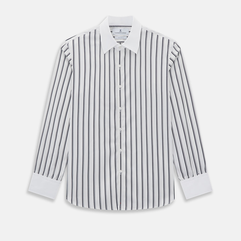 Turnbull & Asser UK Westminster Double Stripe White Closed Collar Regular Fit Shirt in Cotton, a long-sleeve shirt with a white collar and cuffs featuring a vertical black stripe pattern on a white background that evokes British heritage.