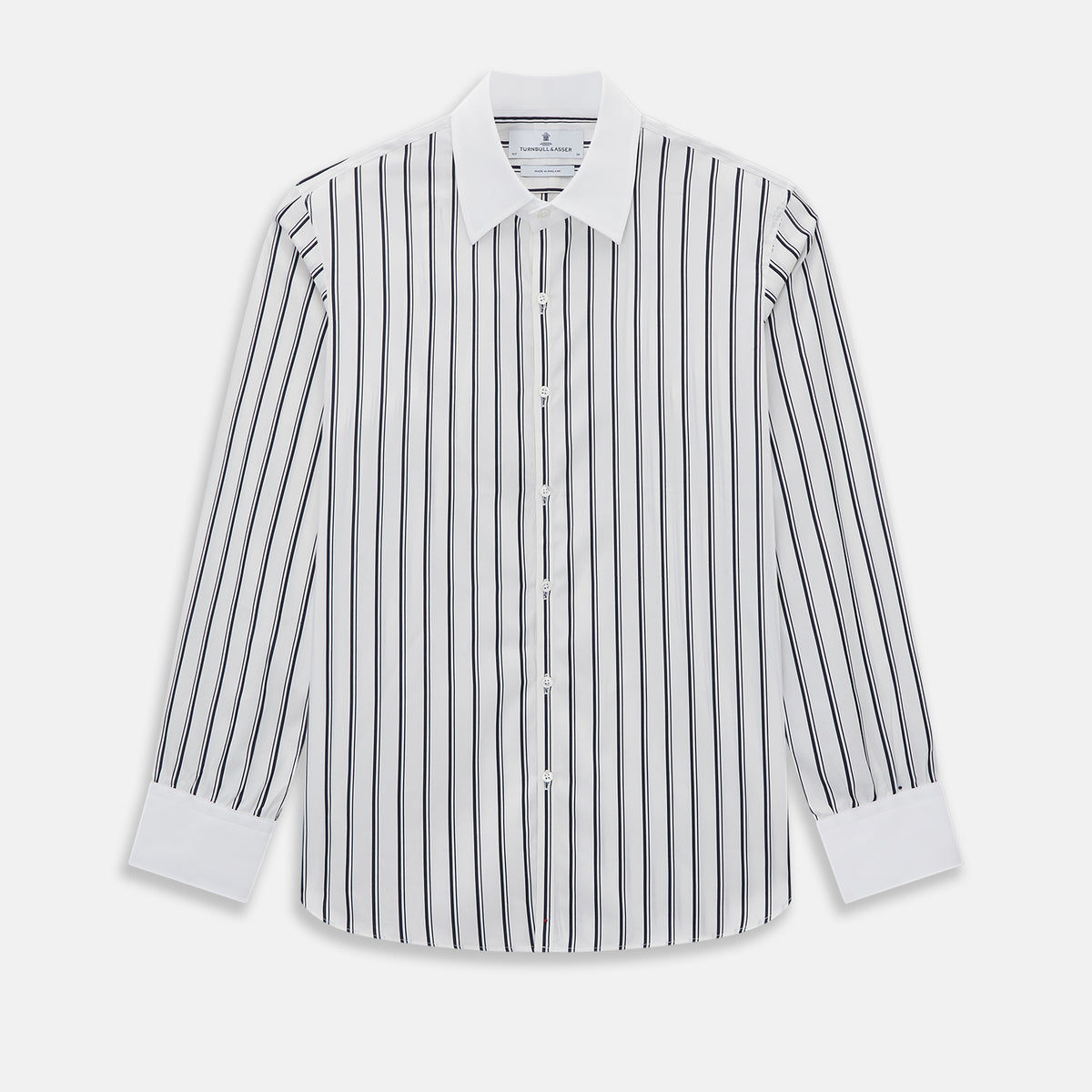 View 1 of product Turnbull & Asser UK Westminster Double Stripe White Closed Collar Regular Fit Shirt in Cotton, a long-sleeve shirt with a white collar and cuffs featuring a vertical black stripe pattern on a white background that evokes British heritage.