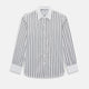 Turnbull & Asser UK Westminster Double Stripe White Closed Collar Regular Fit Shirt in Cotton, a long-sleeve shirt with a white collar and cuffs featuring a vertical black stripe pattern on a white background that evokes British heritage.