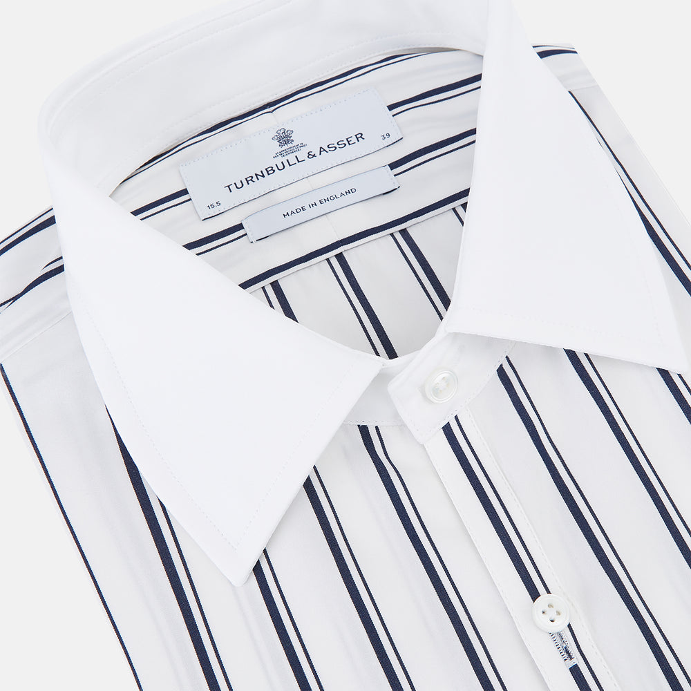 Turnbull & Asser UK Westminster Double Stripe White Closed Collar Regular Fit Shirt in Cotton, a long-sleeve shirt with a white collar and cuffs featuring a vertical black stripe pattern on a white background that evokes British heritage.