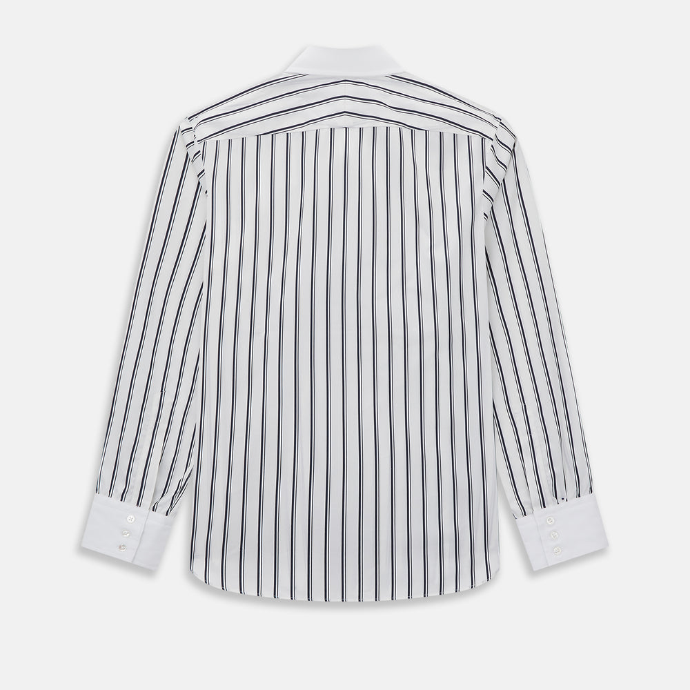 Turnbull & Asser UK Westminster Double Stripe White Closed Collar Regular Fit Shirt in Cotton, a long-sleeve shirt with a white collar and cuffs featuring a vertical black stripe pattern on a white background that evokes British heritage.