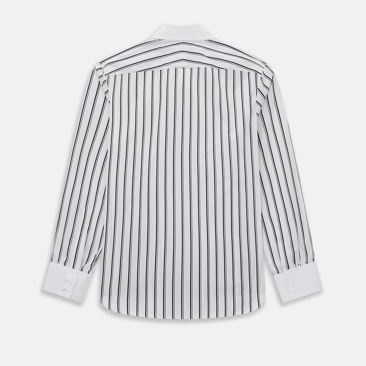 View 3 of product Turnbull & Asser UK Westminster Double Stripe White Closed Collar Regular Fit Shirt in Cotton, a long-sleeve shirt with a white collar and cuffs featuring a vertical black stripe pattern on a white background that evokes British heritage.