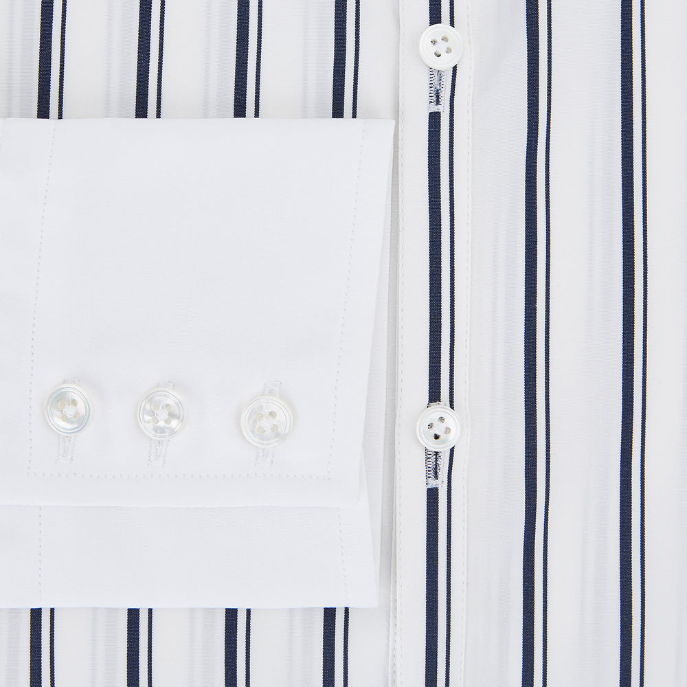 Turnbull & Asser UK Westminster Double Stripe White Closed Collar Regular Fit Shirt in Cotton, a long-sleeve shirt with a white collar and cuffs featuring a vertical black stripe pattern on a white background that evokes British heritage.