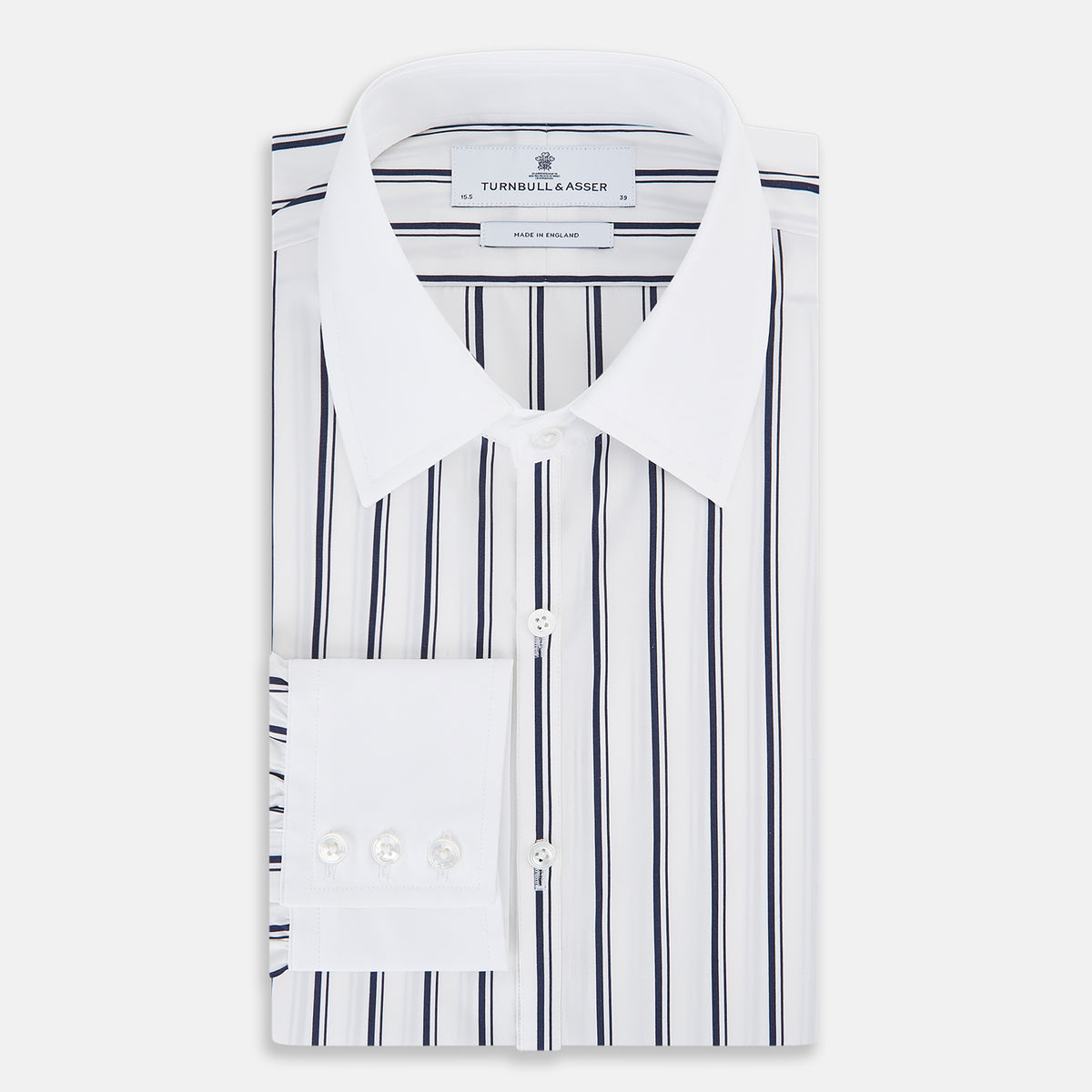 View 5 of product Turnbull & Asser UK Westminster Double Stripe White Closed Collar Regular Fit Shirt in Cotton, a long-sleeve shirt with a white collar and cuffs featuring a vertical black stripe pattern on a white background that evokes British heritage.