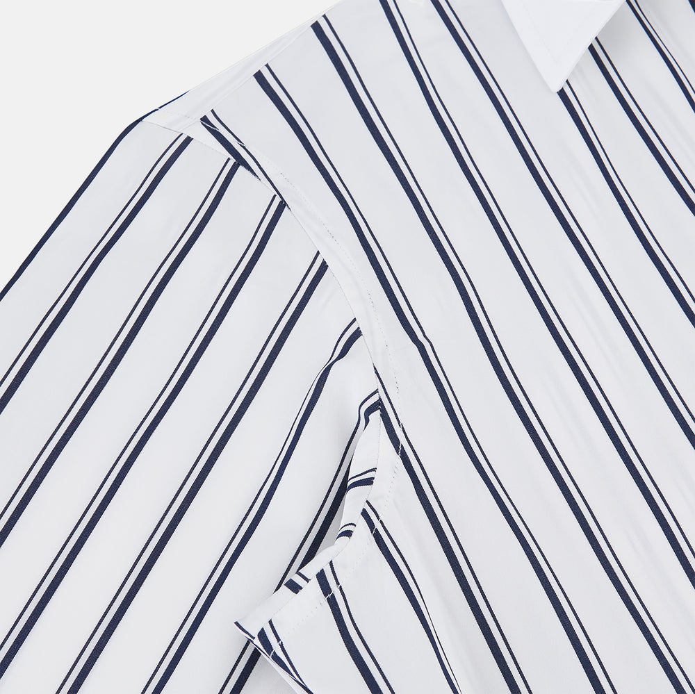 Turnbull & Asser UK Westminster Double Stripe White Closed Collar Regular Fit Shirt in Cotton, a long-sleeve shirt with a white collar and cuffs featuring a vertical black stripe pattern on a white background that evokes British heritage.