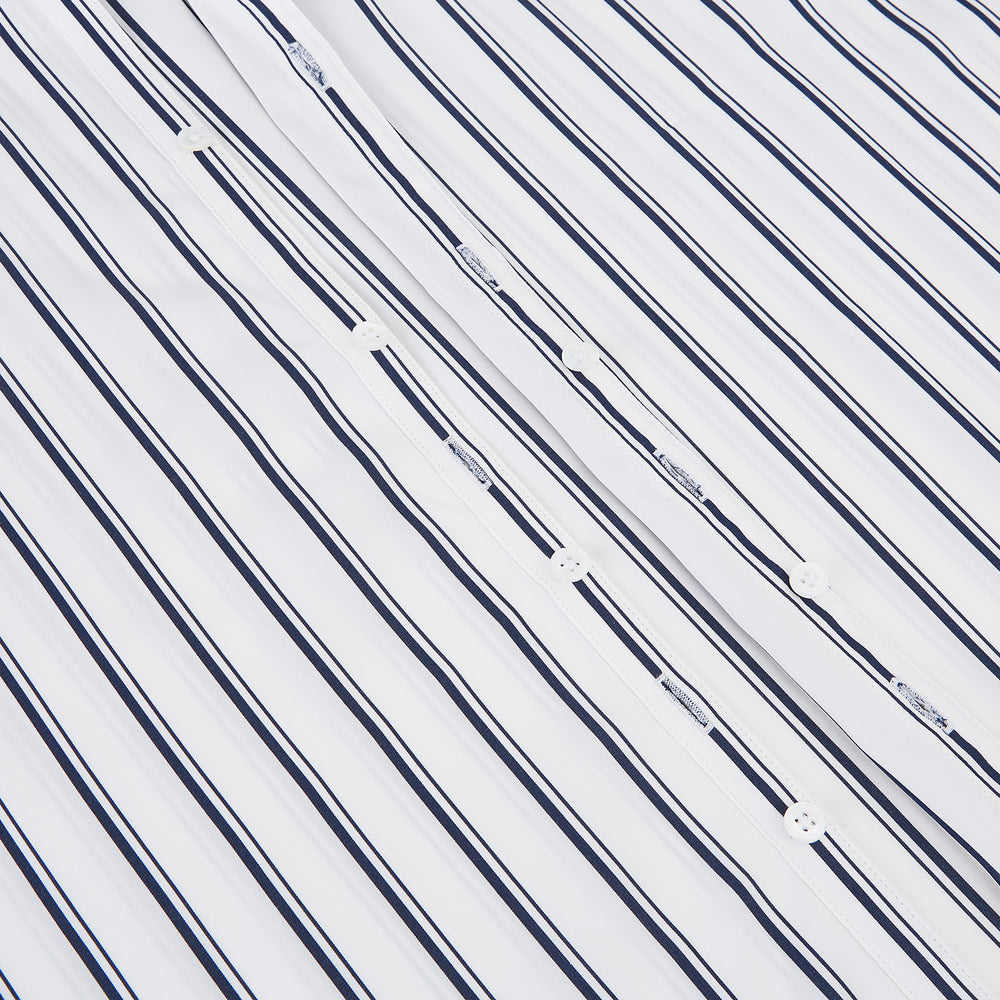 Turnbull & Asser UK Westminster Double Stripe White Closed Collar Regular Fit Shirt in Cotton, a long-sleeve shirt with a white collar and cuffs featuring a vertical black stripe pattern on a white background that evokes British heritage.