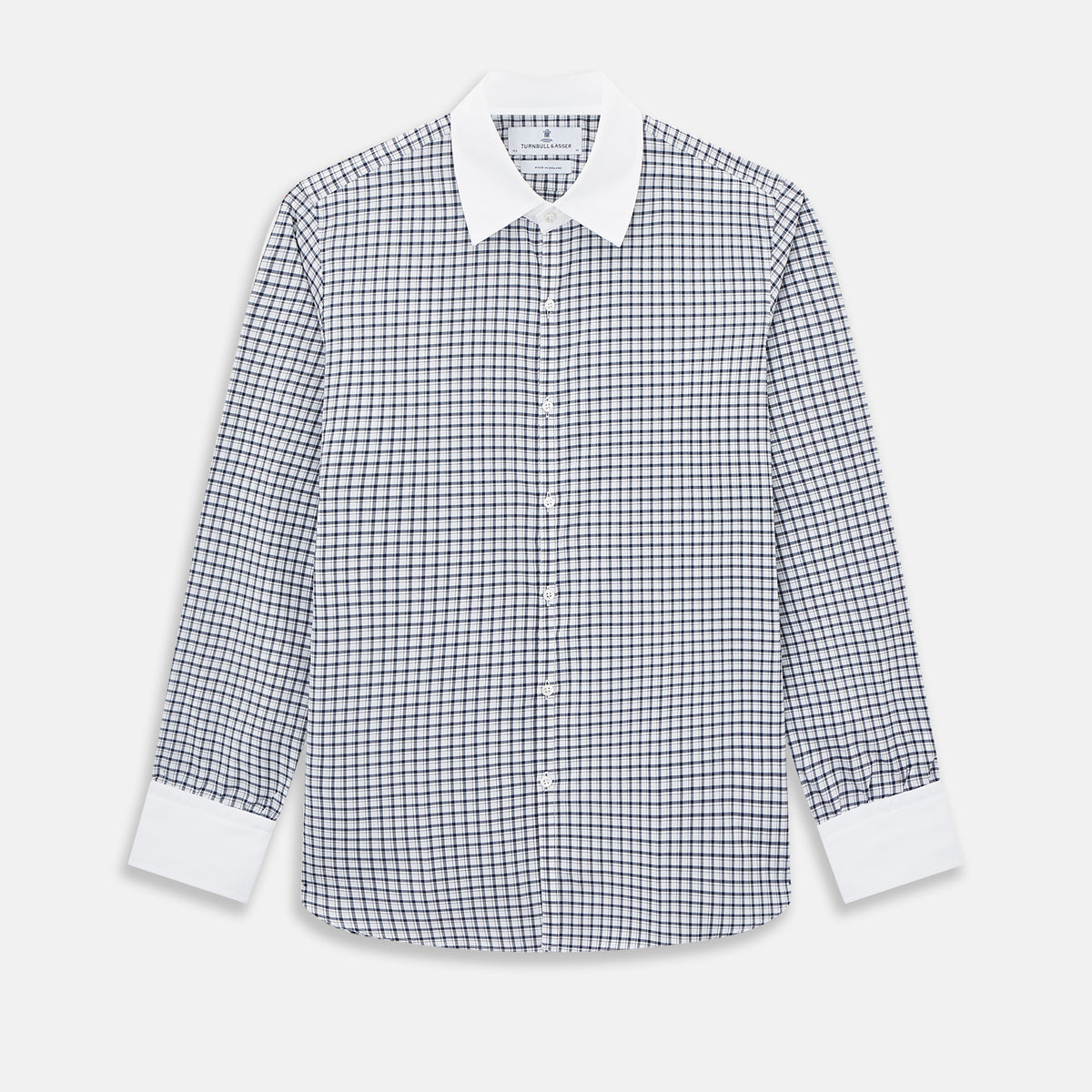 View 1 of product Turnbull & Asser UK Westminster Double-Track Check Navy Closed Collar Regular Fit Shirt in Cotton featuring a long-sleeve button-up design in a navy and white check pattern, complete with a white collar and white cuffs.
