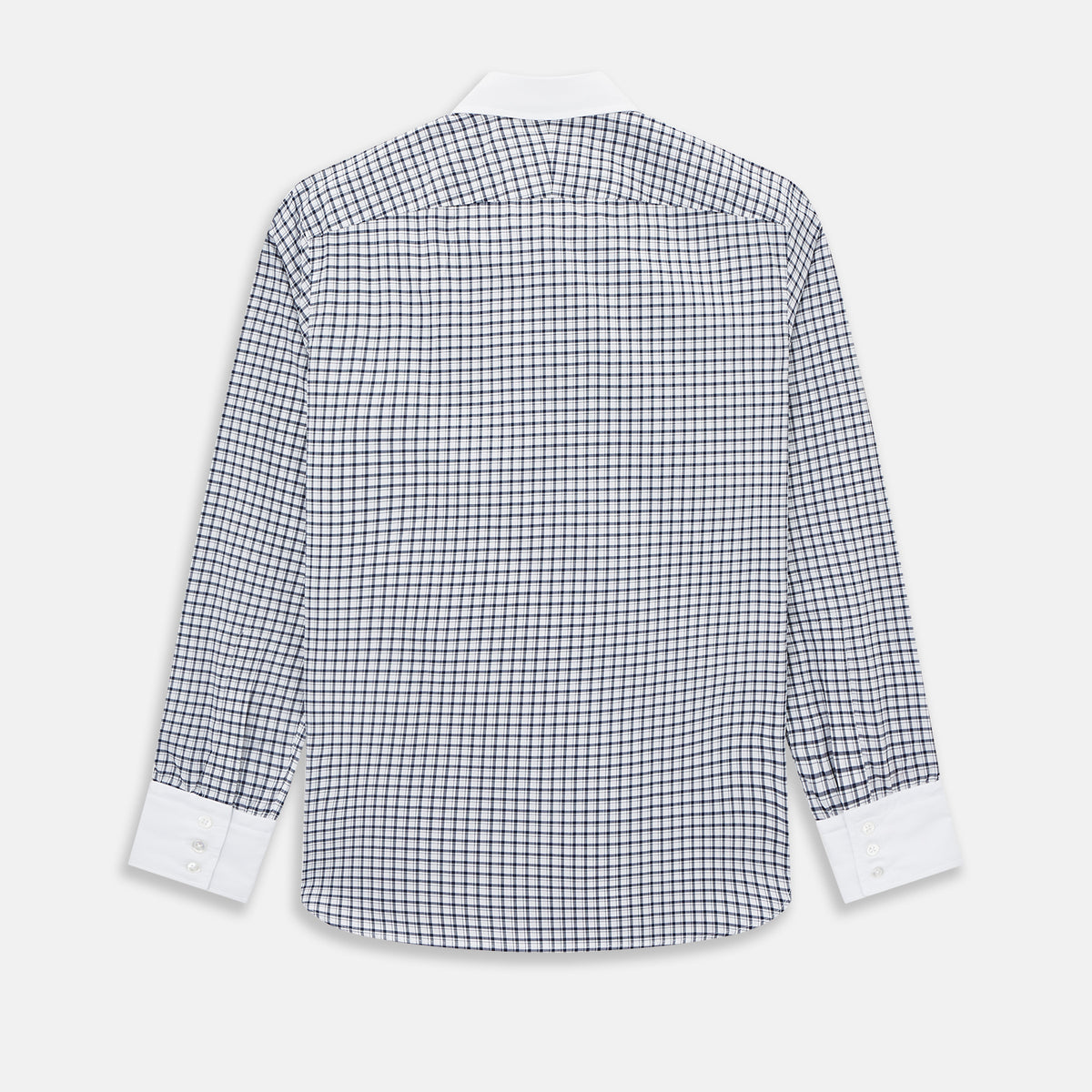 View 3 of product Turnbull & Asser UK Westminster Double-Track Check Navy Closed Collar Regular Fit Shirt in Cotton featuring a long-sleeve button-up design in a navy and white check pattern, complete with a white collar and white cuffs.