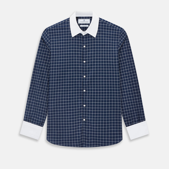 Westminster Reverse Check Navy Closed Collar Regular Fit Shirt in Cotton