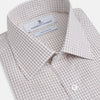 View 2 of product The Turnbull & Asser Purple Graph Check Mayfair Shirt features a classic T&A collar and cuffs, long sleeves, and a subtle purple checkered pattern, shown against a white background.