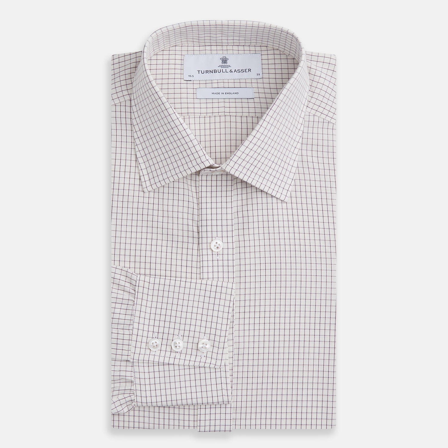 View 4 of product The Turnbull & Asser Purple Graph Check Mayfair Shirt features a classic T&A collar and cuffs, long sleeves, and a subtle purple checkered pattern, shown against a white background.