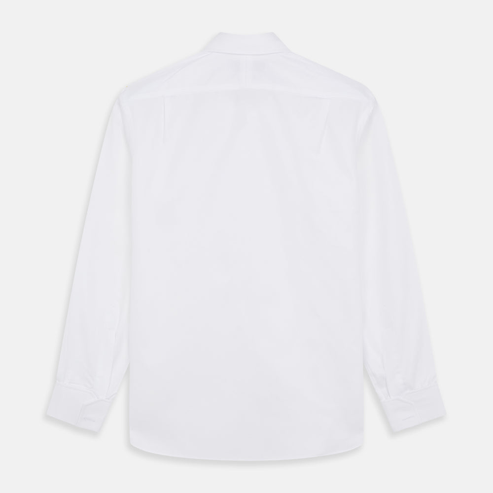 The Turnbull & Asser White Tailored Fit Dress Shirt, featuring a classic collar and button cuffs, is neatly displayed against a white background—perfect as a black tie shirt for formal occasions.