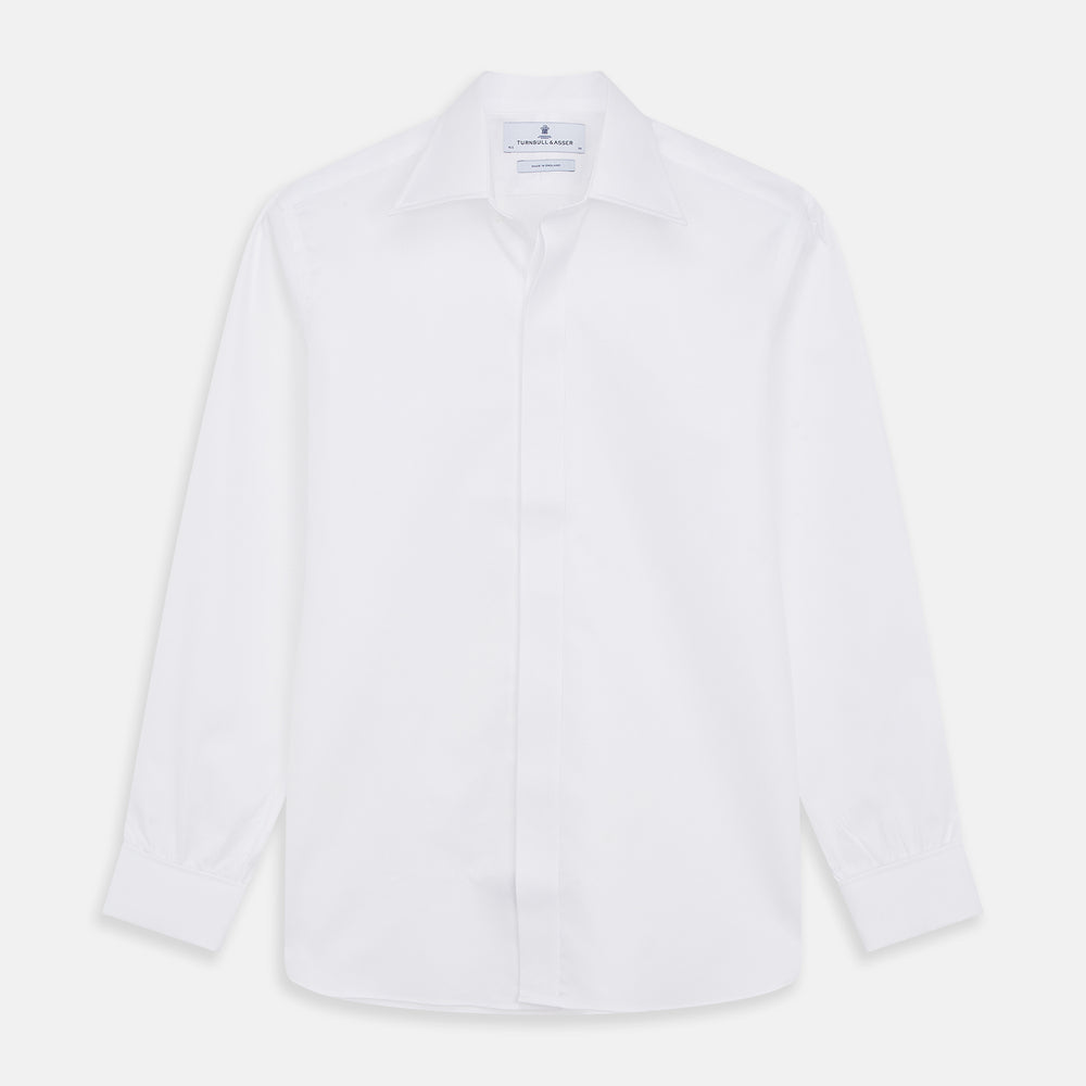 The Turnbull & Asser White Tailored Fit Dress Shirt, featuring a classic collar and button cuffs, is neatly displayed against a white background—perfect as a black tie shirt for formal occasions.