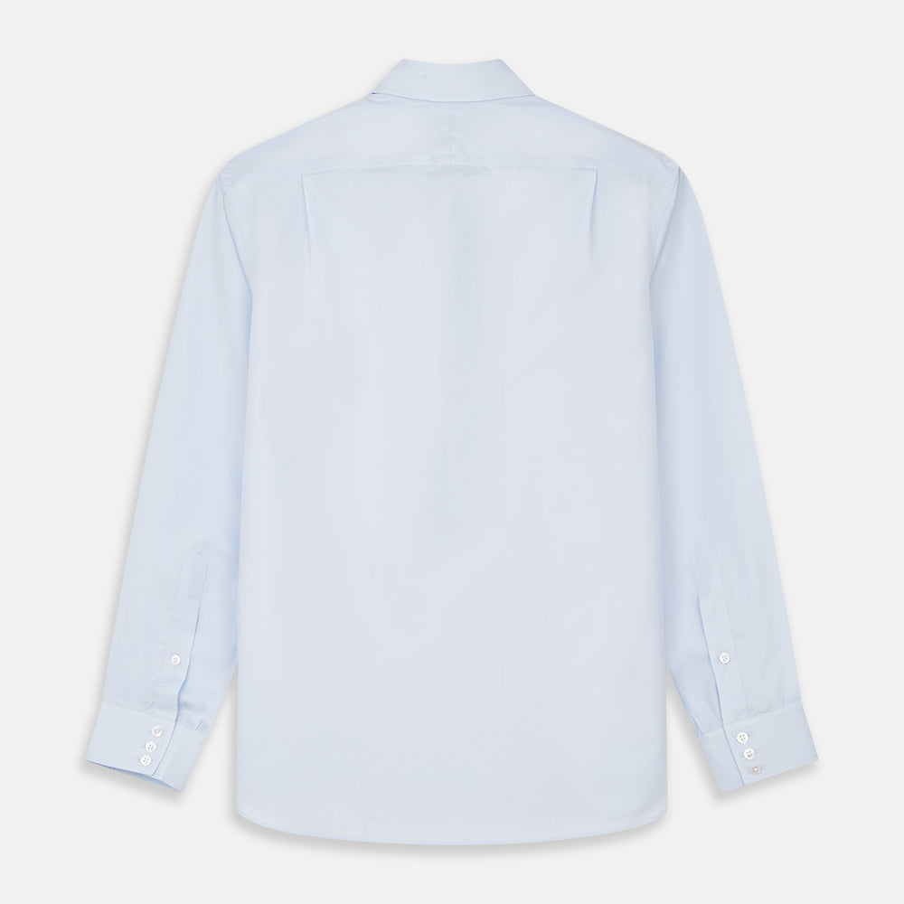 The Turnbull & Asser Tailored Fit Light Blue Cotton Shirt features a Kent collar, buttoned front, and 3-button cuffs, ideal for pairing with a navy suit and shown laid flat on a white background.