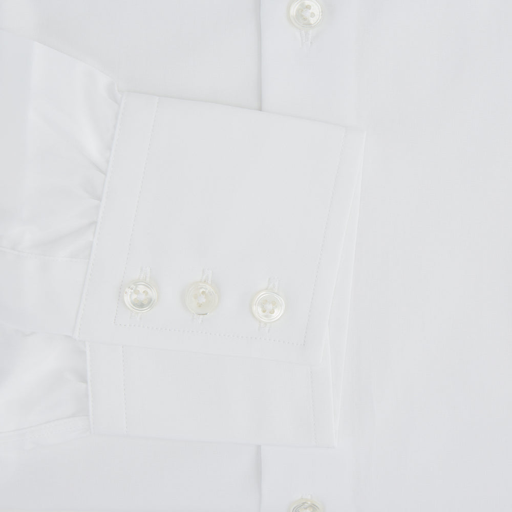 The Turnbull & Asser Tailored Fit Plain White Cotton Shirt features a Kent collar and 3-button cuffs, showcased against a plain white background.