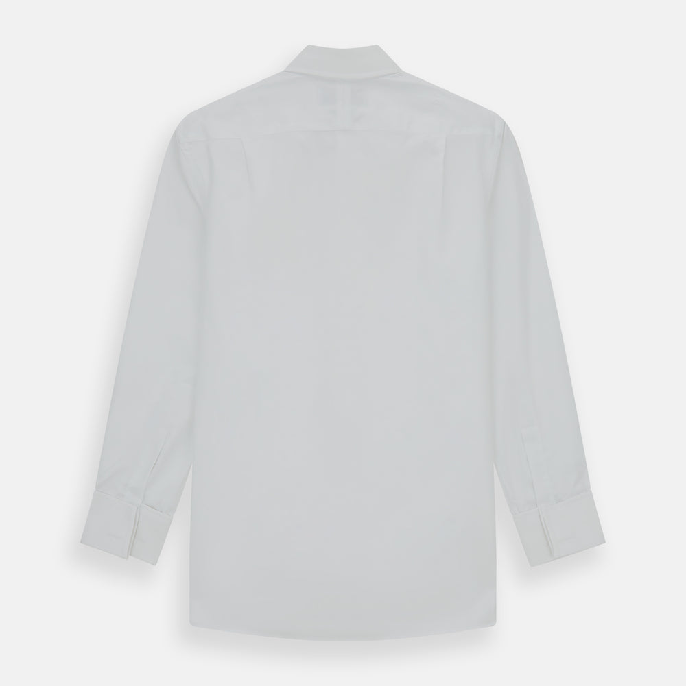The Turnbull & Asser Tailored Fit White Royal Oxford Cotton Shirt features a Kent collar, double cuffs, and front buttons, shown on a clean white background.