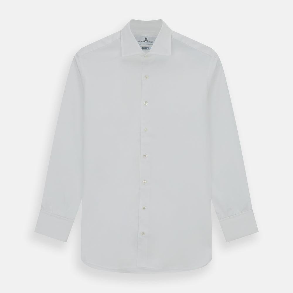 The Turnbull & Asser Tailored Fit White Royal Oxford Cotton Shirt features a Kent collar, double cuffs, and front buttons, shown on a clean white background.