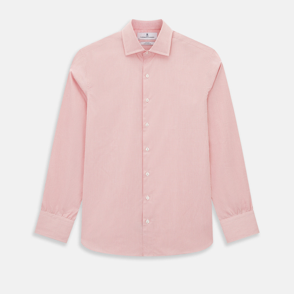 The Turnbull & Asser UK CORAL COTTON MINI CHECKED SHIRT is a light pink long-sleeve button-up shirt with a Kent collar, white buttons, and three-button cuffs, shown on a plain white background.