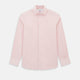 The Fine Striped Coral on White Tailored Fit Shirt in Cotton by Turnbull & Asser UK is a light pink long-sleeve button-up dress shirt with a collar, featuring subtle coral stripe detailing, displayed flat against a white background.