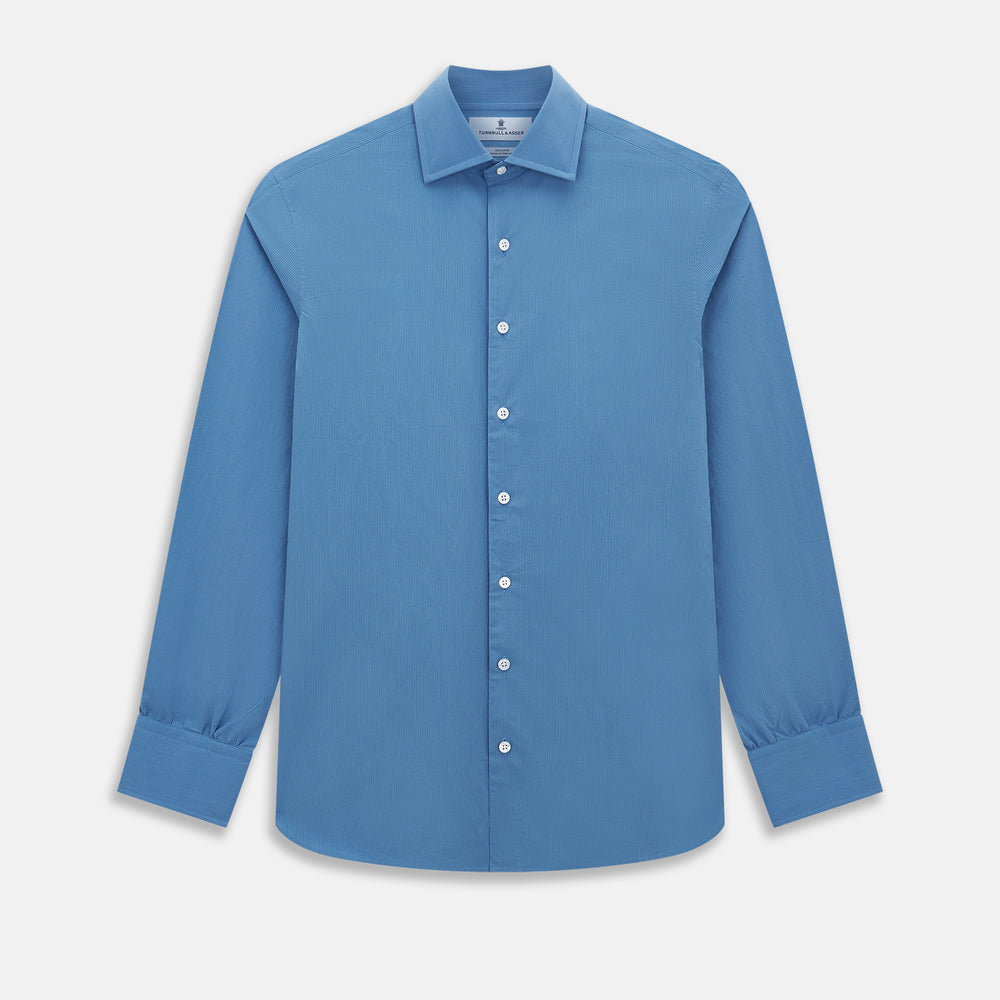 A tailored-fit, long-sleeve Pinstriped Colony Blue Shirt in cotton by Turnbull & Asser UK, featuring a classic collar and white buttons, is displayed on a white background—ideal for formal wear.