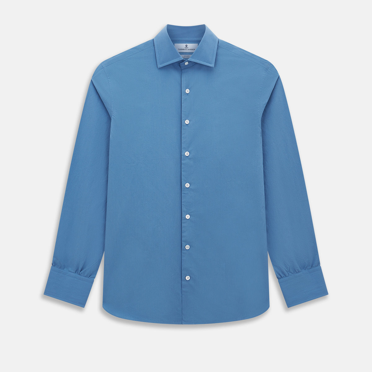 View 1 of product A tailored-fit, long-sleeve Pinstriped Colony Blue Shirt in cotton by Turnbull & Asser UK, featuring a classic collar and white buttons, is displayed on a white background—ideal for formal wear.