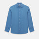 A tailored-fit, long-sleeve Pinstriped Colony Blue Shirt in cotton by Turnbull & Asser UK, featuring a classic collar and white buttons, is displayed on a white background—ideal for formal wear.