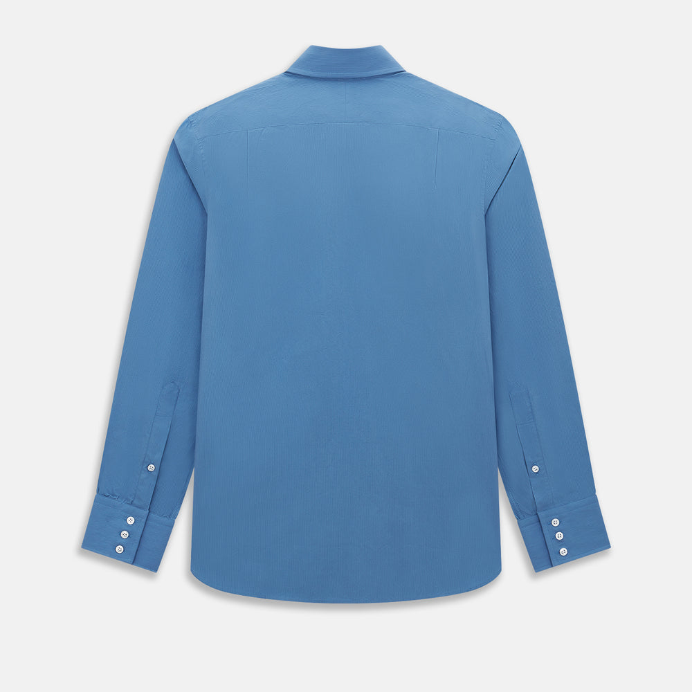 A tailored-fit, long-sleeve Pinstriped Colony Blue Shirt in cotton by Turnbull & Asser UK, featuring a classic collar and white buttons, is displayed on a white background—ideal for formal wear.