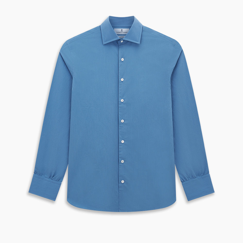 A tailored-fit, long-sleeve Pinstriped Colony Blue Shirt in cotton by Turnbull & Asser UK, featuring a classic collar and white buttons, is displayed on a white background—ideal for formal wear.