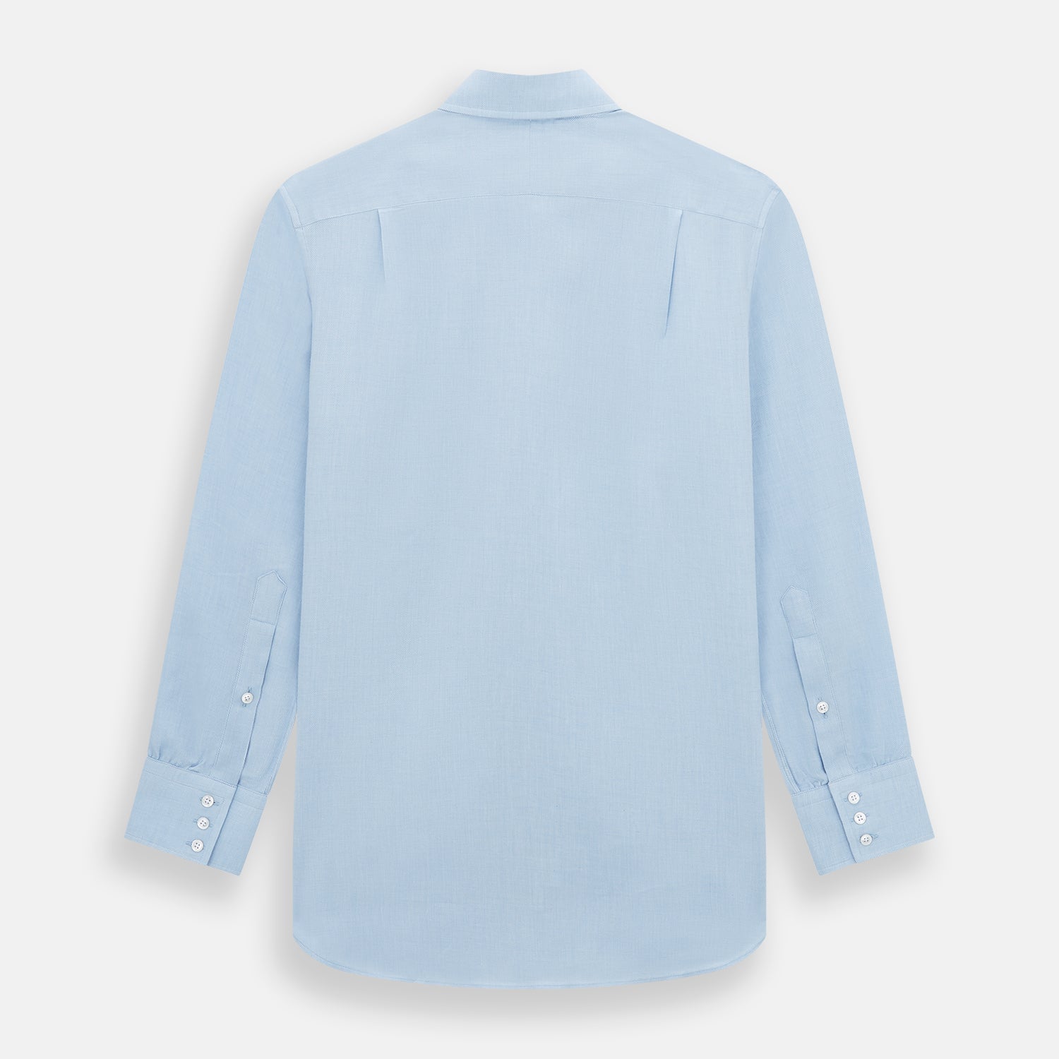View 3 of product The Turnbull & Asser Tailored Fit Blue Cotton Cashmere Belgravia Shirt features a classic collar, button-down front, and buttoned cuffs, shown laid flat on a white background for a refined, formal look.
