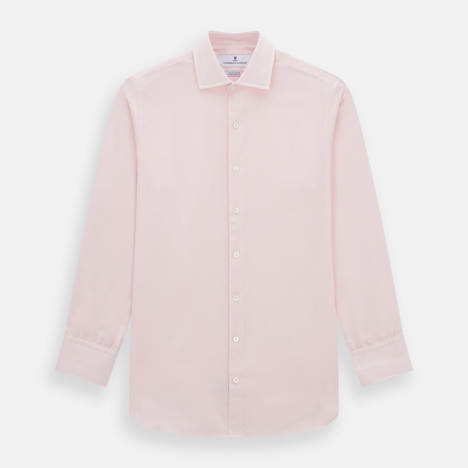 View 1 of product The Turnbull & Asser Tailored Fit Pale Pink Cotton Cashmere Belgravia Shirt features long sleeves and a collar for a formal look, shown flat against a white background.