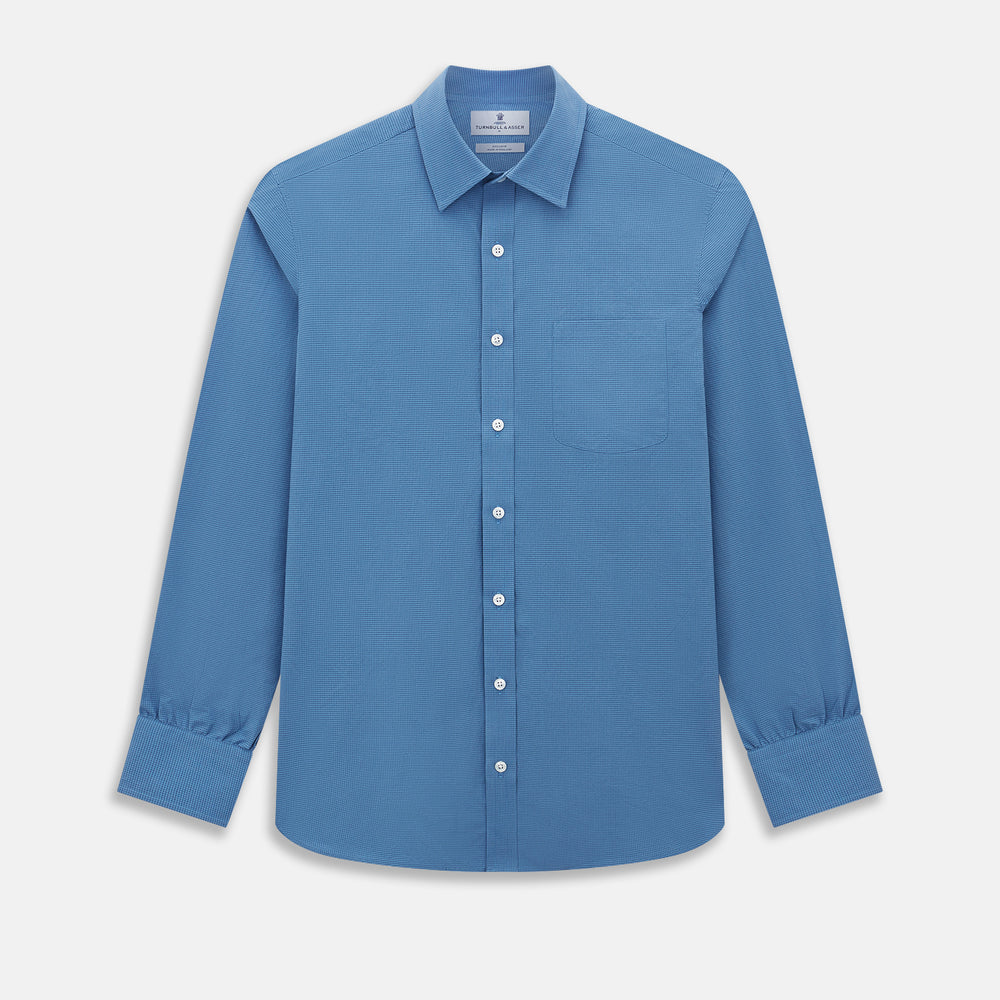 Turnbull & Asser UK SHIRTS WF DERBY COLLAR 1BC 1PKT COLNY BLU/ NVY CHK long-sleeved navy check button-down shirt with a collar, a single chest pocket, and a subtle pattern.
