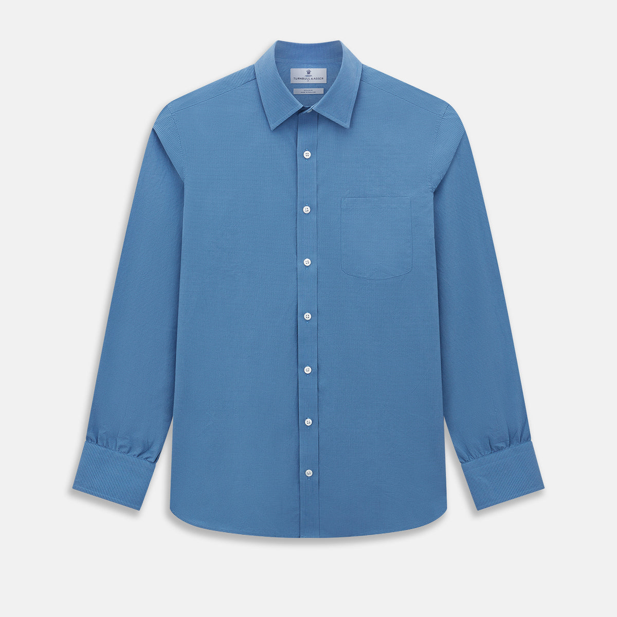 View 1 of product Turnbull & Asser UK SHIRTS WF DERBY COLLAR 1BC 1PKT COLNY BLU/ NVY CHK long-sleeved navy check button-down shirt with a collar, a single chest pocket, and a subtle pattern.