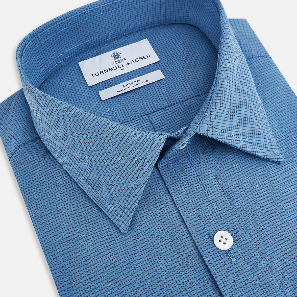 View 2 of product Turnbull & Asser UK SHIRTS WF DERBY COLLAR 1BC 1PKT COLNY BLU/ NVY CHK long-sleeved navy check button-down shirt with a collar, a single chest pocket, and a subtle pattern.