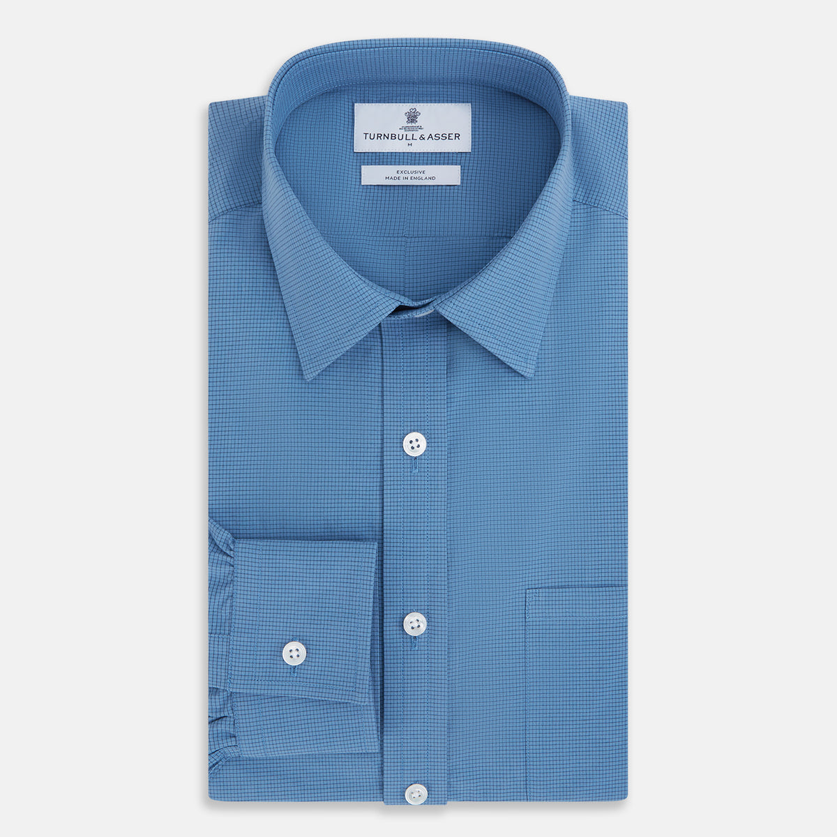 View 5 of product Turnbull & Asser UK SHIRTS WF DERBY COLLAR 1BC 1PKT COLNY BLU/ NVY CHK long-sleeved navy check button-down shirt with a collar, a single chest pocket, and a subtle pattern.