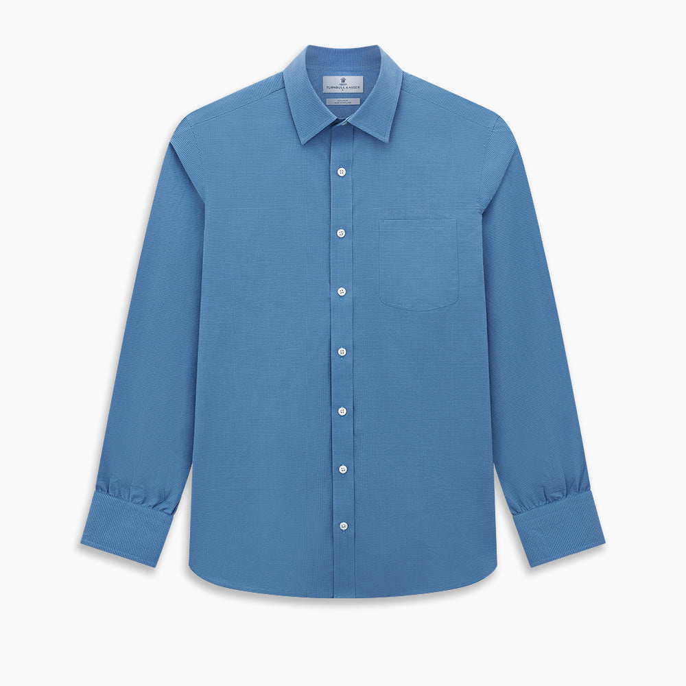 Turnbull & Asser UK SHIRTS WF DERBY COLLAR 1BC 1PKT COLNY BLU/ NVY CHK long-sleeved navy check button-down shirt with a collar, a single chest pocket, and a subtle pattern.