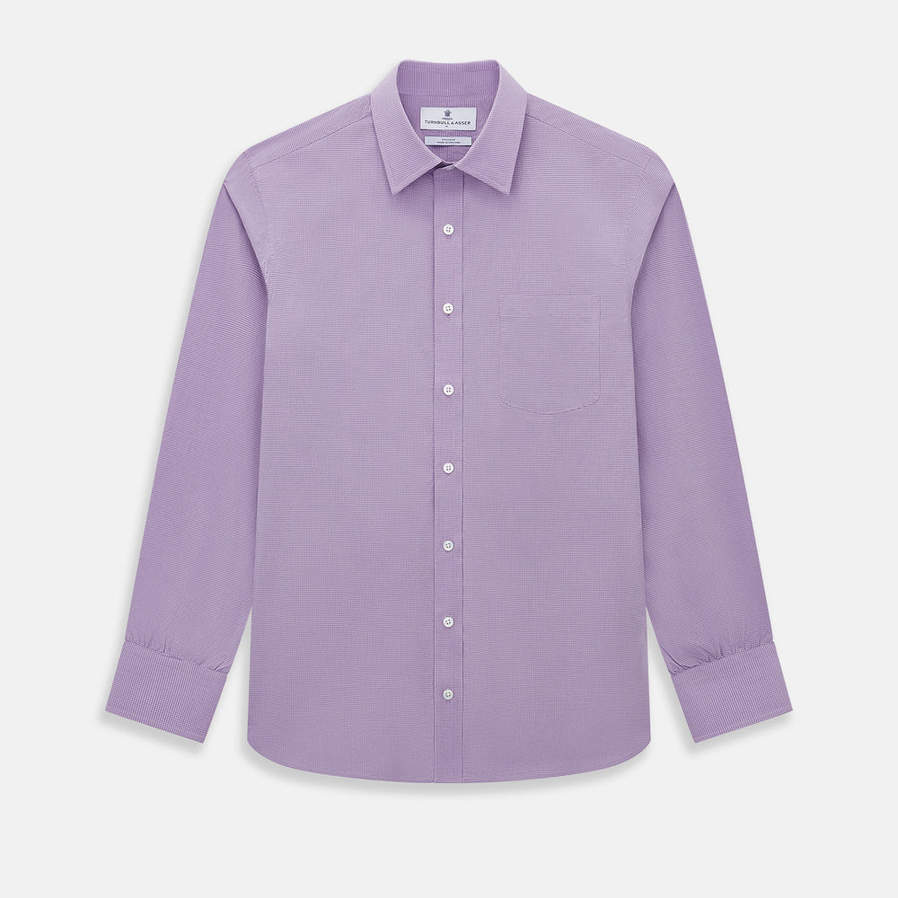 Turnbull & Asser UK SHIRTS WF DERBY COLLAR 1BC 1PKT BABY PINK/NAVY CHK long-sleeved shirt featuring a baby pink and navy check pattern, a button-down front, a single chest pocket, and button cuffs.