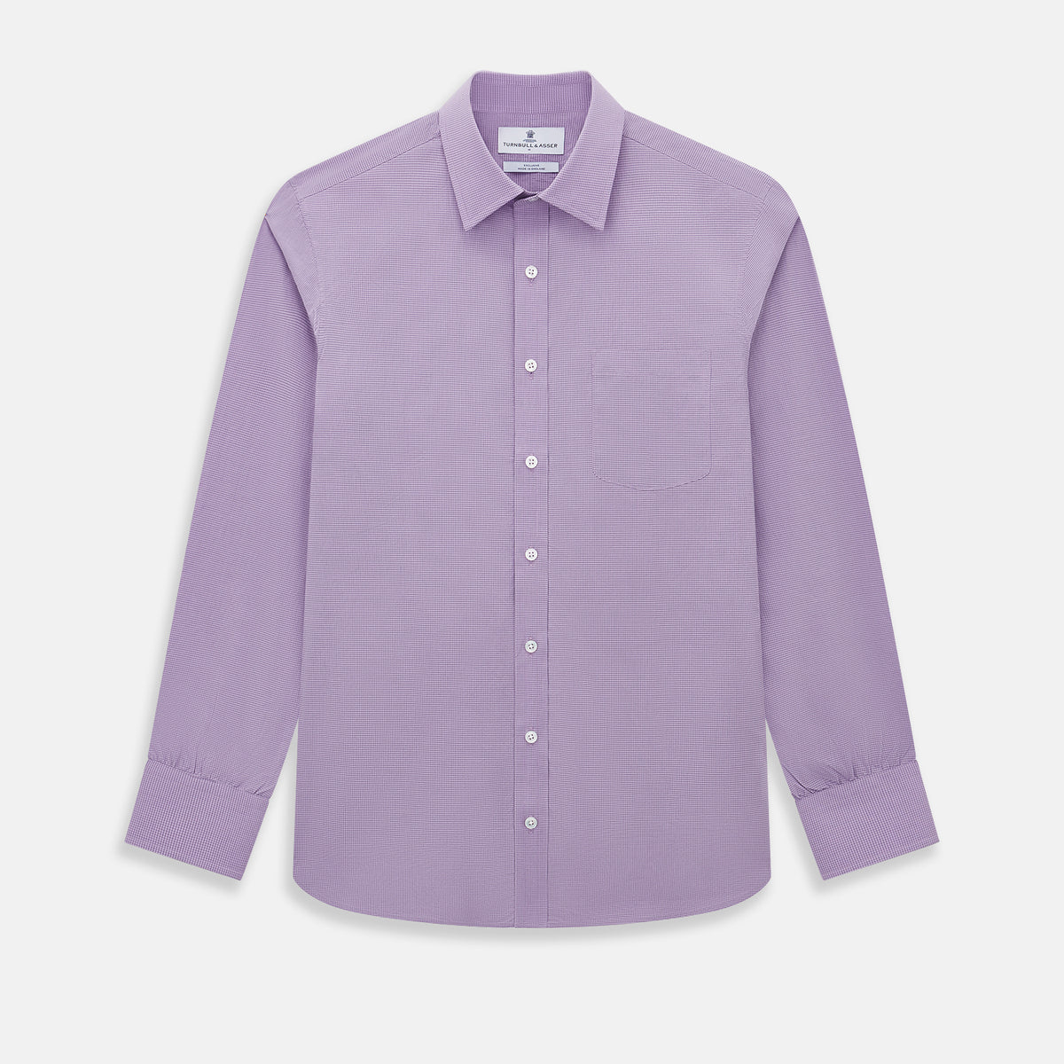 View 1 of product Turnbull & Asser UK SHIRTS WF DERBY COLLAR 1BC 1PKT BABY PINK/NAVY CHK long-sleeved shirt featuring a baby pink and navy check pattern, a button-down front, a single chest pocket, and button cuffs.