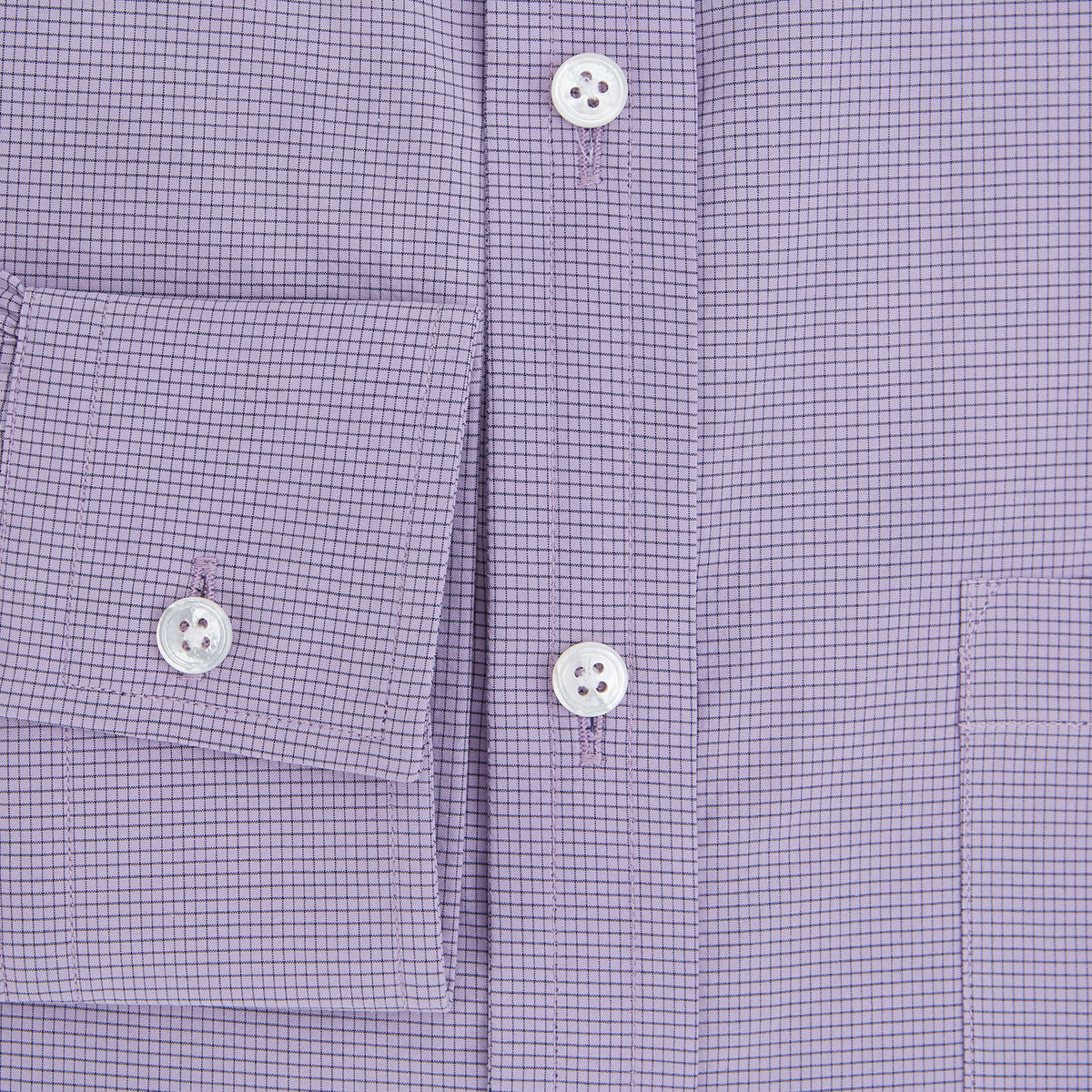 View 4 of product Turnbull & Asser UK SHIRTS WF DERBY COLLAR 1BC 1PKT BABY PINK/NAVY CHK long-sleeved shirt featuring a baby pink and navy check pattern, a button-down front, a single chest pocket, and button cuffs.