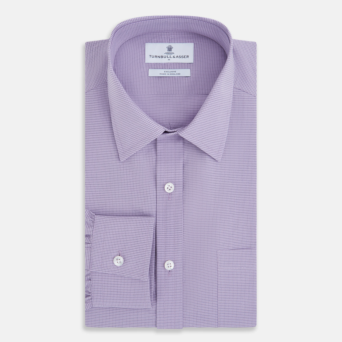 View 5 of product Turnbull & Asser UK SHIRTS WF DERBY COLLAR 1BC 1PKT BABY PINK/NAVY CHK long-sleeved shirt featuring a baby pink and navy check pattern, a button-down front, a single chest pocket, and button cuffs.